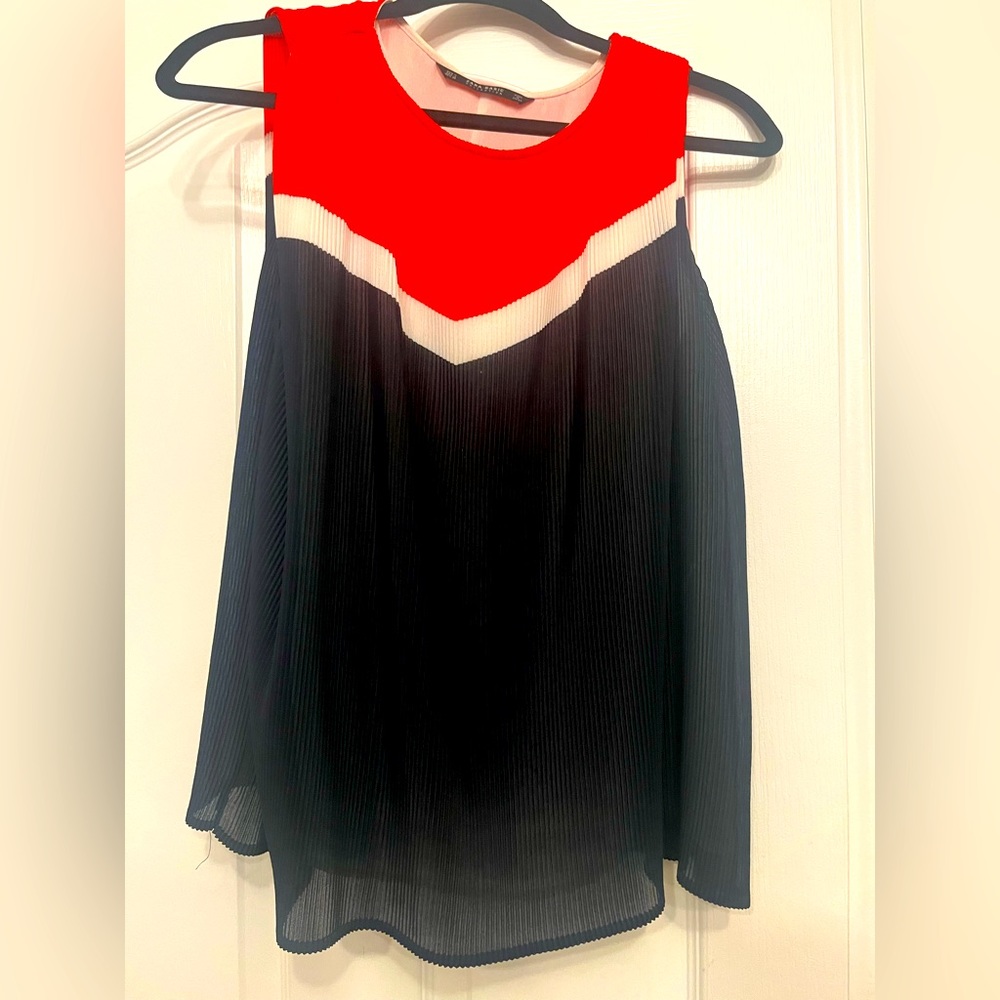 **Zara** Navy, White & Red Pleated Top